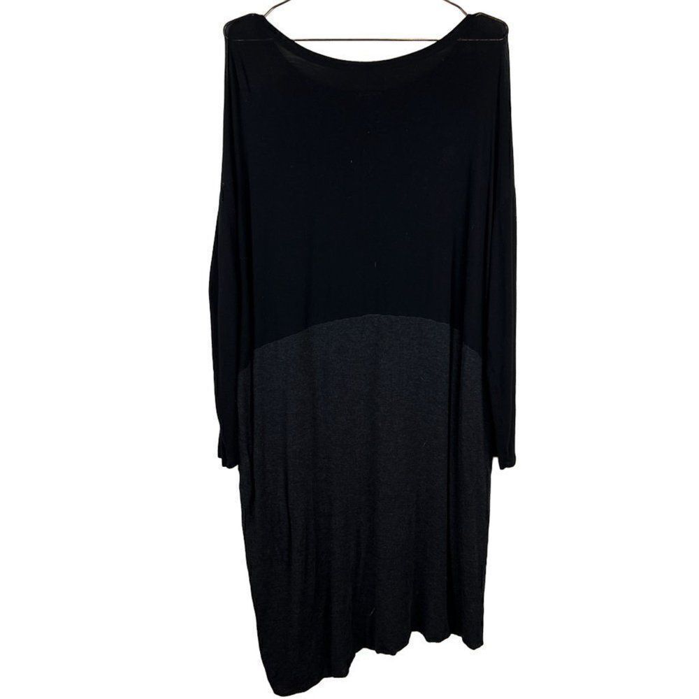 Eileen Fisher Black Dark Gray Color Block Asymmetrical Hem  Long Sleeve Dress